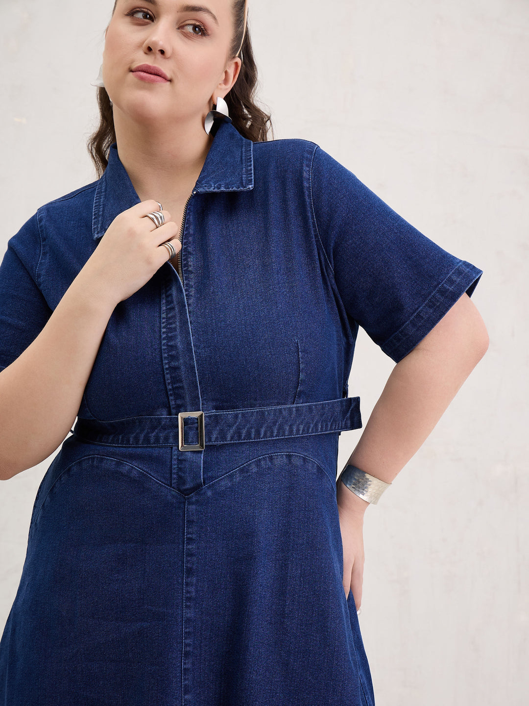 Navy Denim Front Zipper Flared Hem Midi Dress-SASSAFRAS Curve