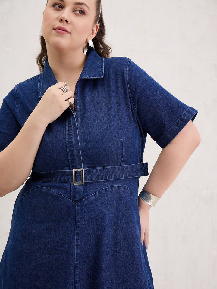 Navy Denim Front Zipper Flared Hem Midi Dress-SASSAFRAS Curve