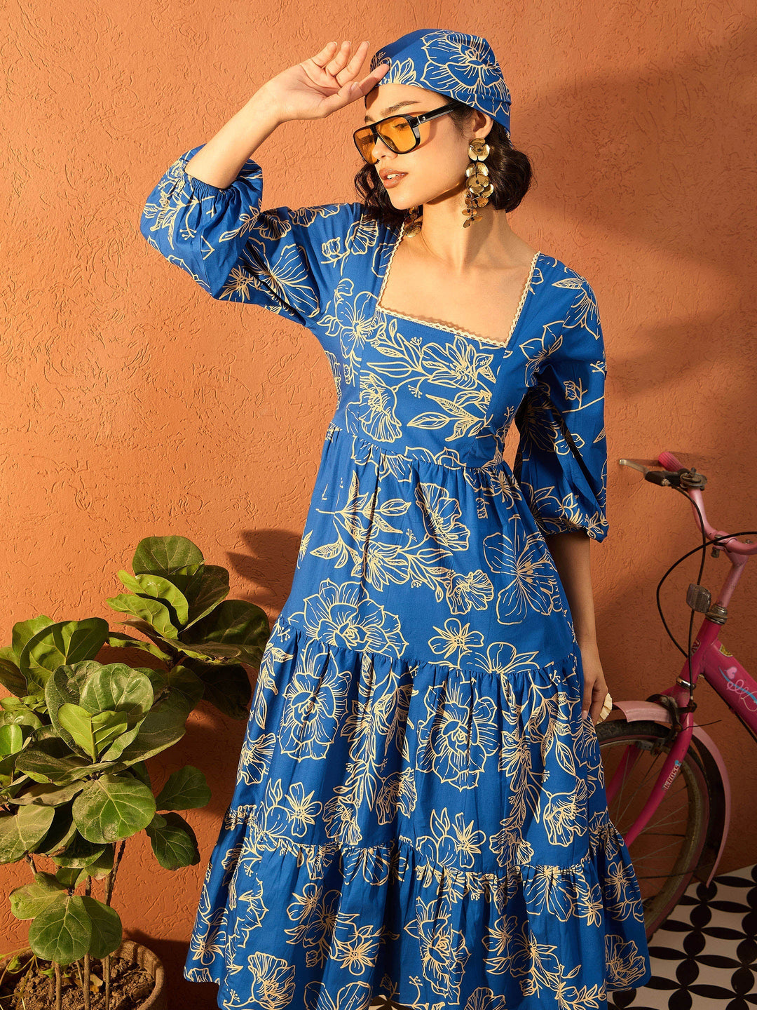 Women Floral Back Tie Knot Midi Dress