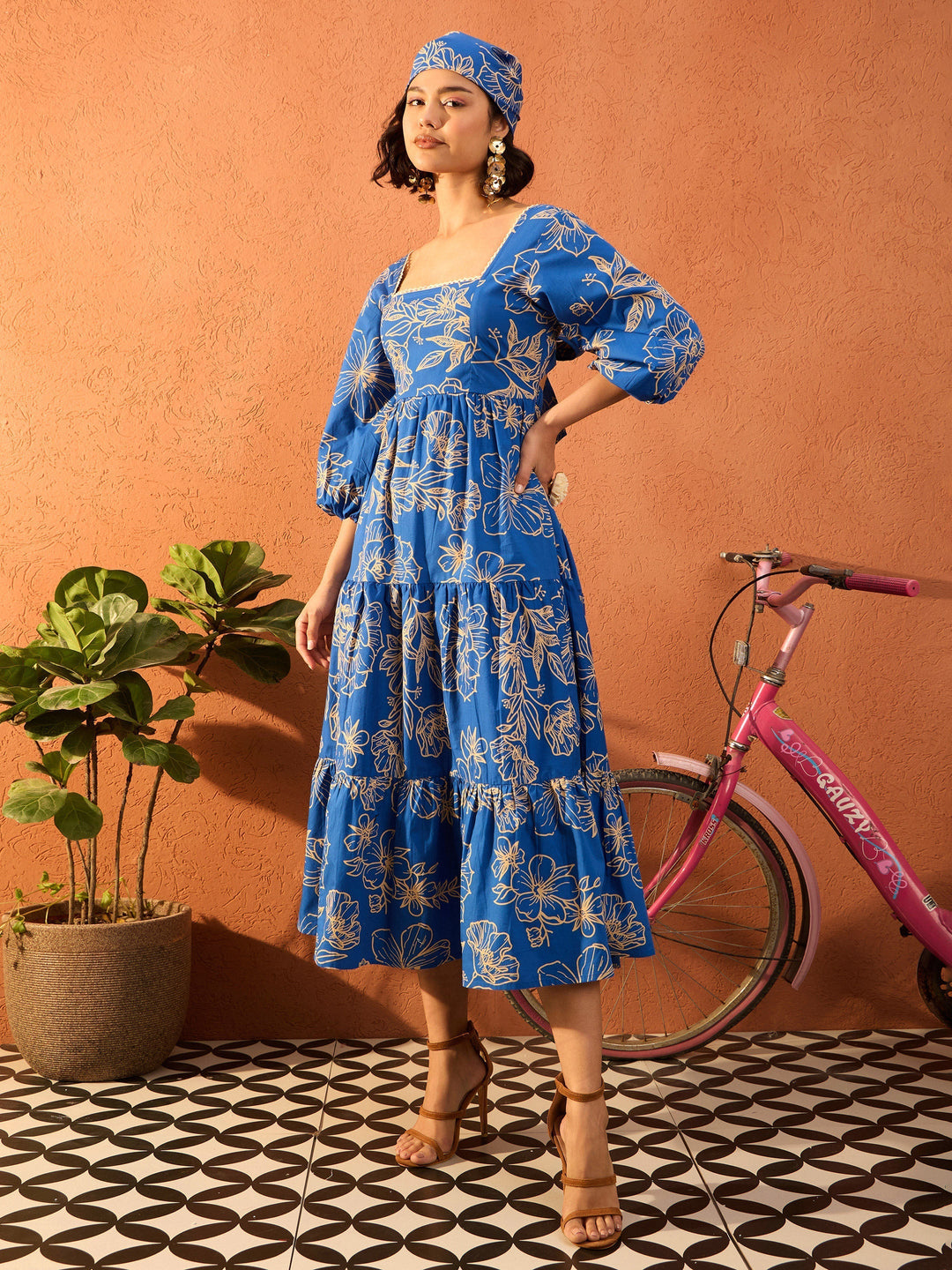 Women Floral Back Tie Knot Midi Dress