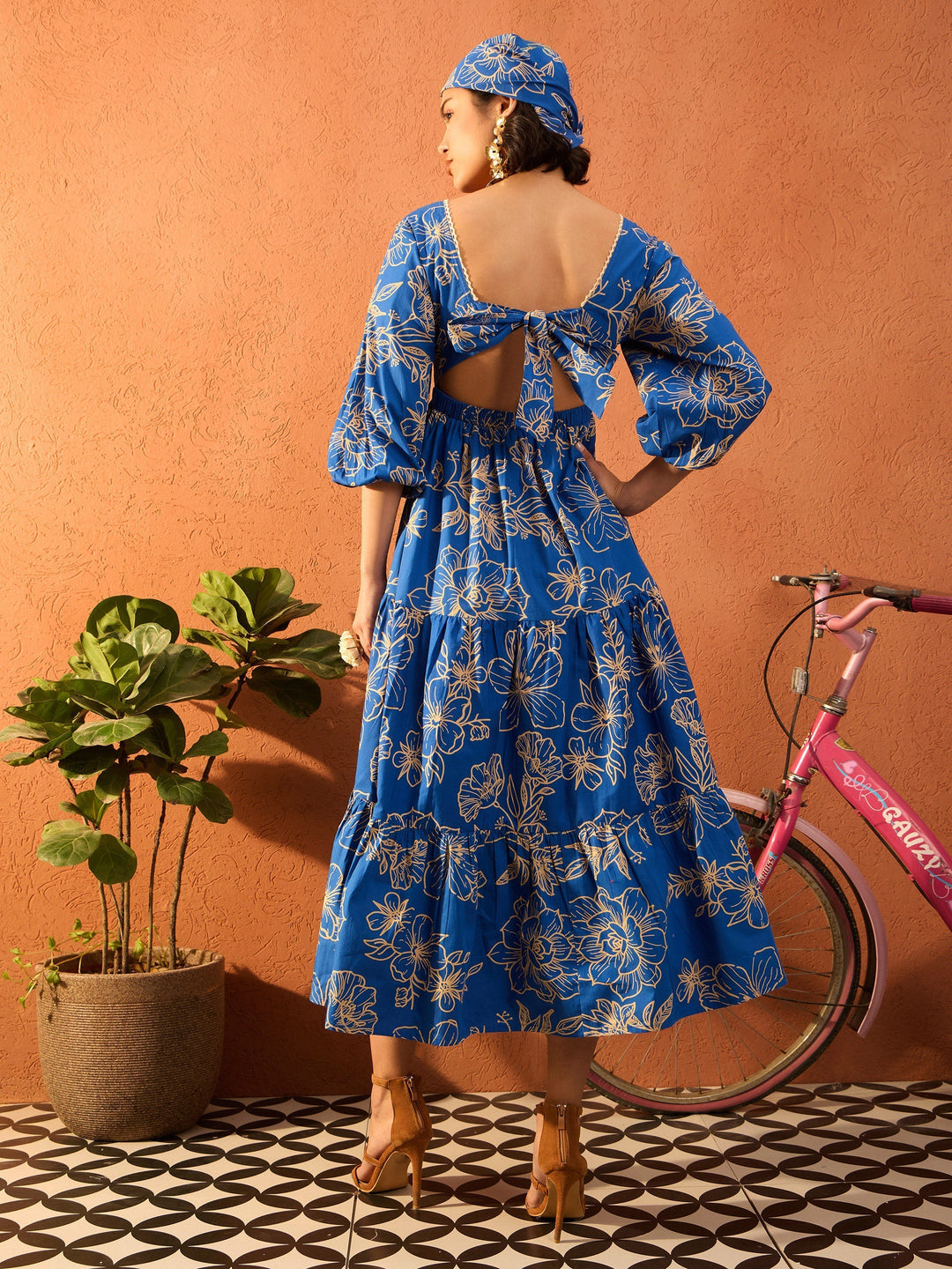 Women Floral Back Tie Knot Midi Dress