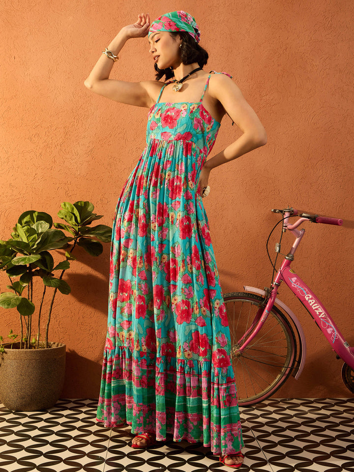 Women Floral Strappy Tie-up Maxi Dress