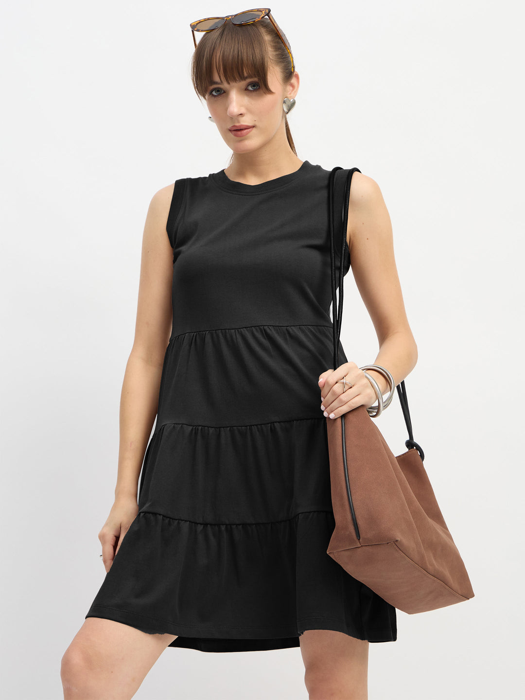 Women's Women Black Jersey Sleeveless Tiered Short Dress in Cotton by Sassafras for wholesale, bulk, supplier, manufacturer and wholesaler buyers from Trendphoria