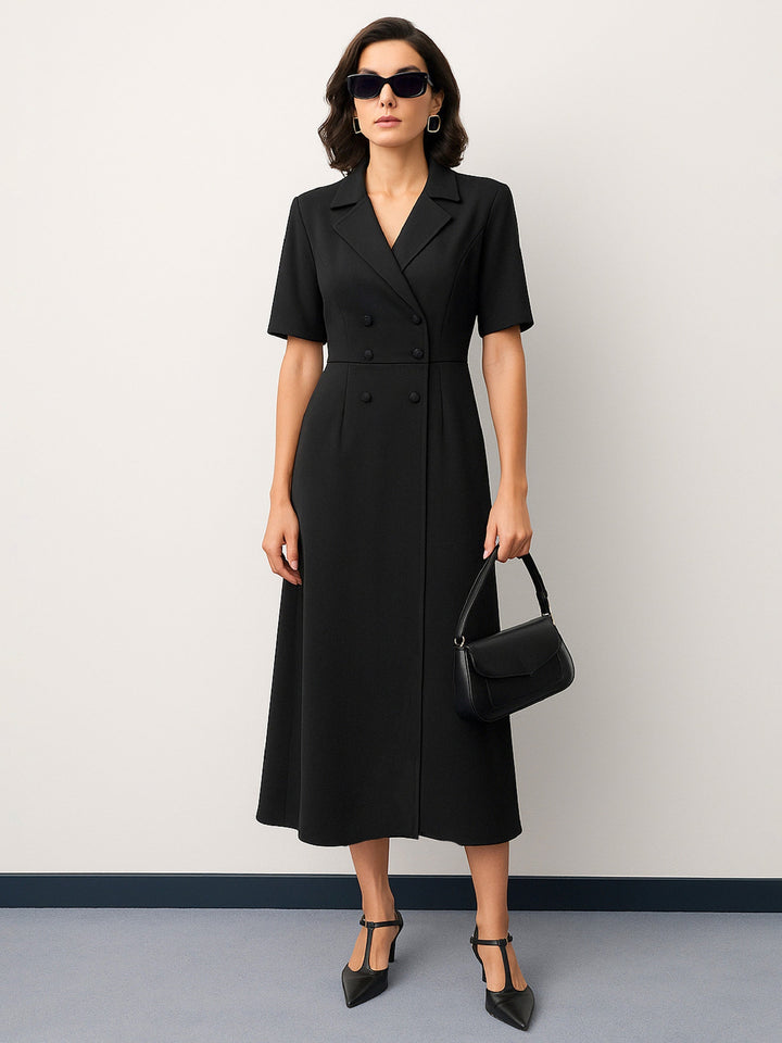 Women Notch Collar Button Midi Dress