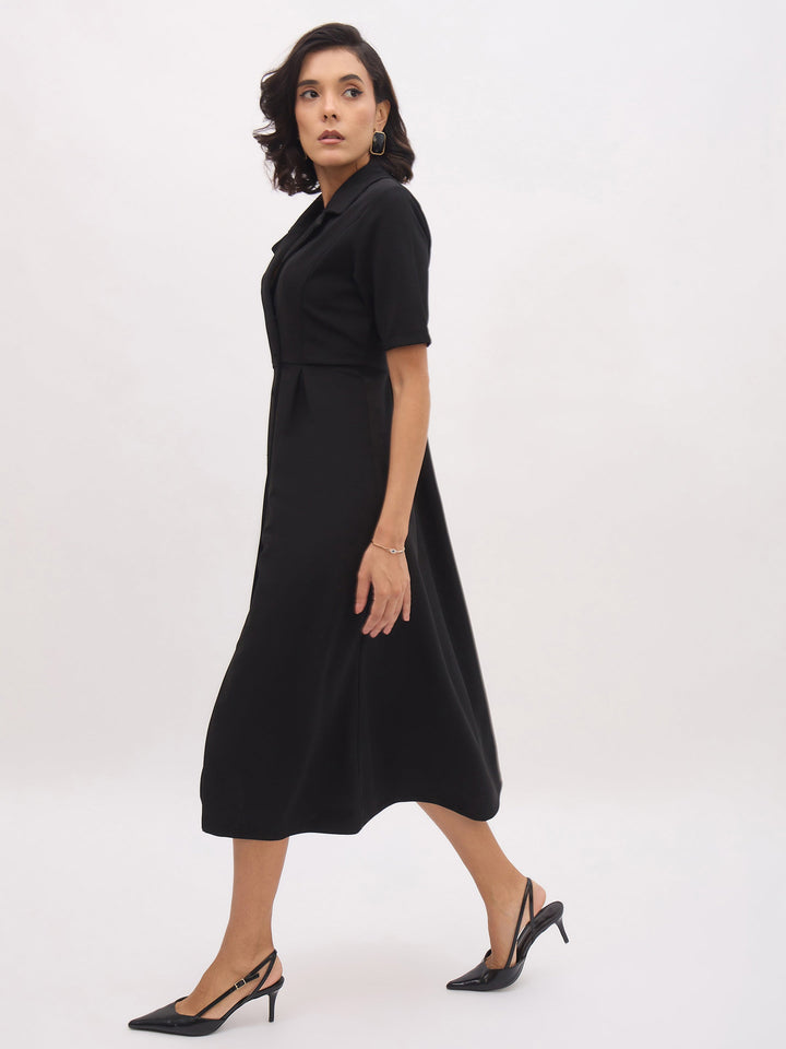 Women Notch Collar Button Midi Dress