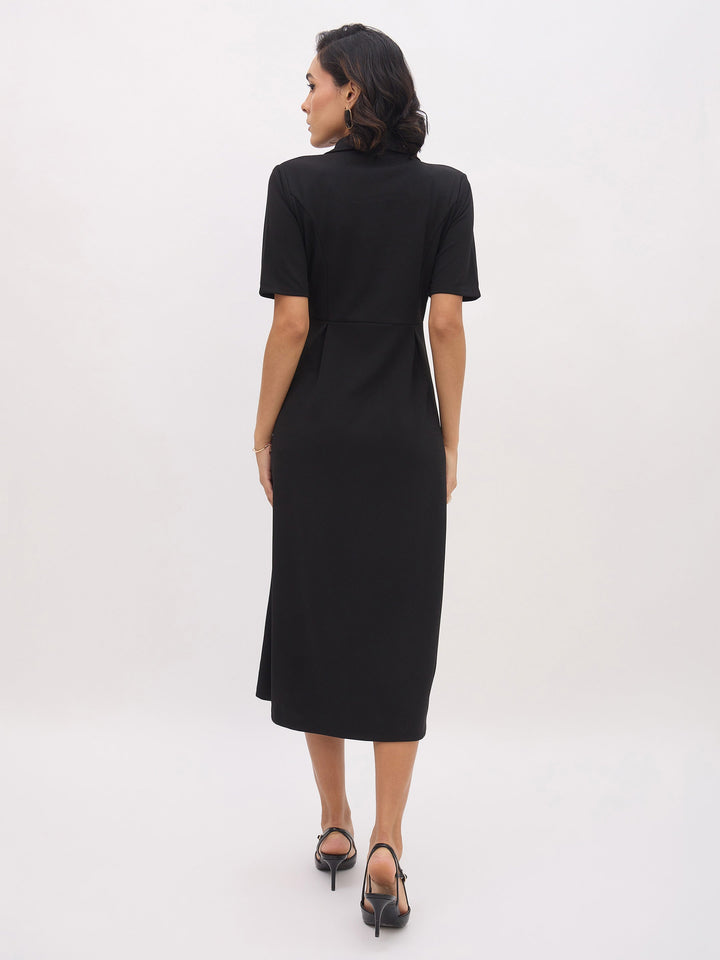 Women Notch Collar Button Midi Dress