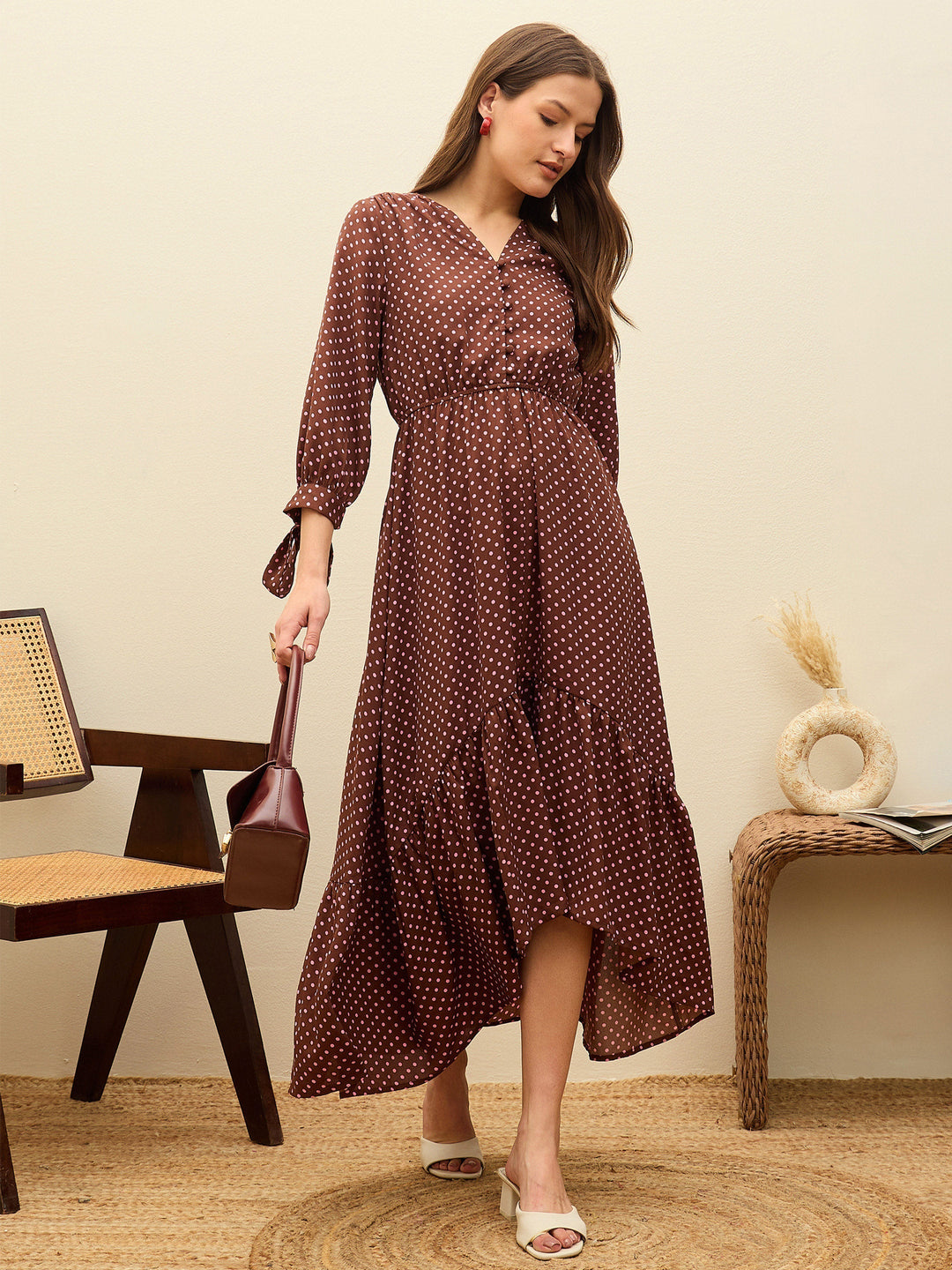 Women's Women Brown Polka Dot Asymmetric Hem Maxi Dress in Polyester by Sassafras for wholesale, bulk, supplier, manufacturer and wholesaler buyers from Trendphoria