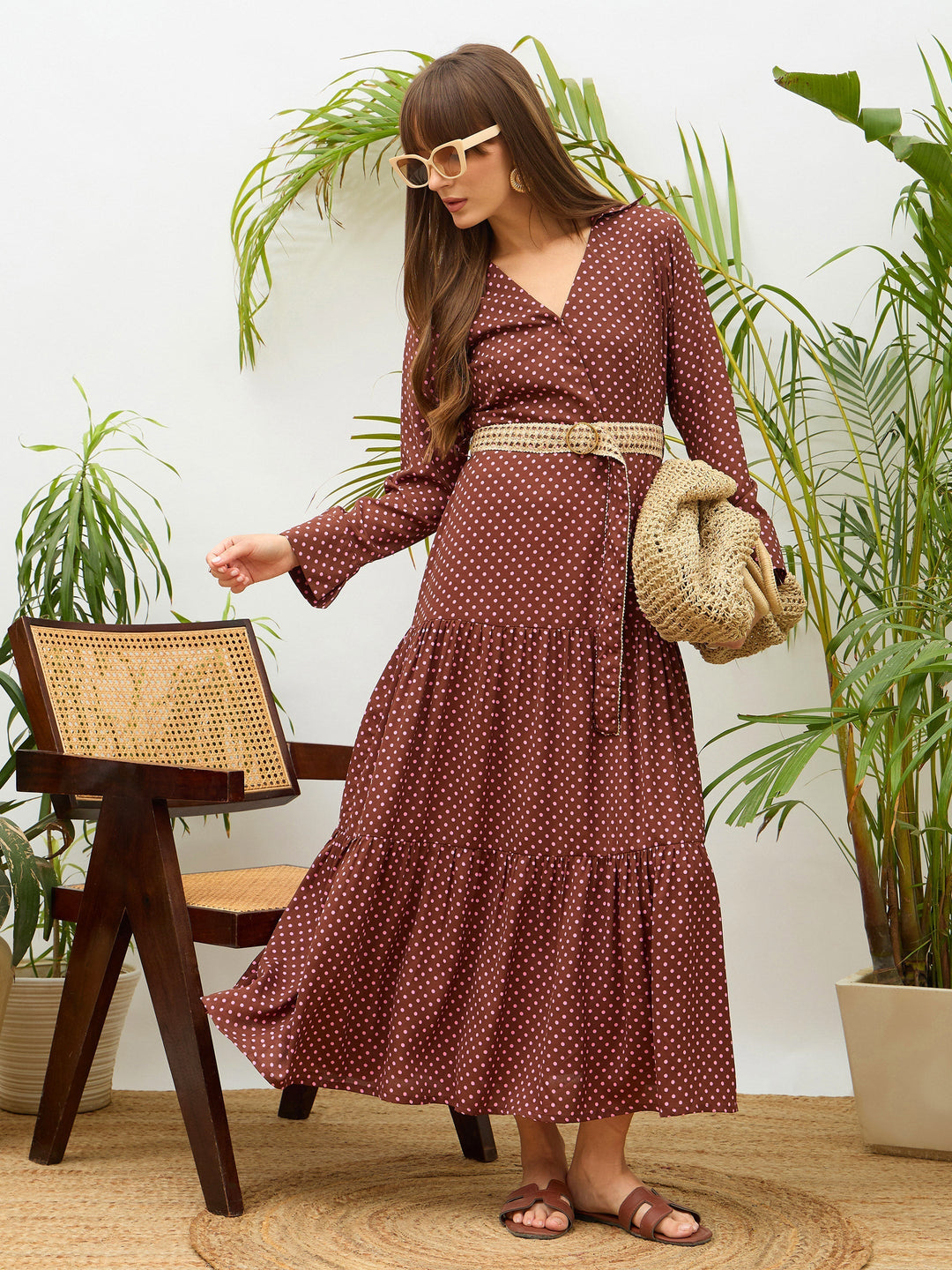 Women's Women Brown Polka Dot Belted Tiered Maxi Dress in Polyester by Sassafras for wholesale, bulk, supplier, manufacturer and wholesaler buyers from Trendphoria