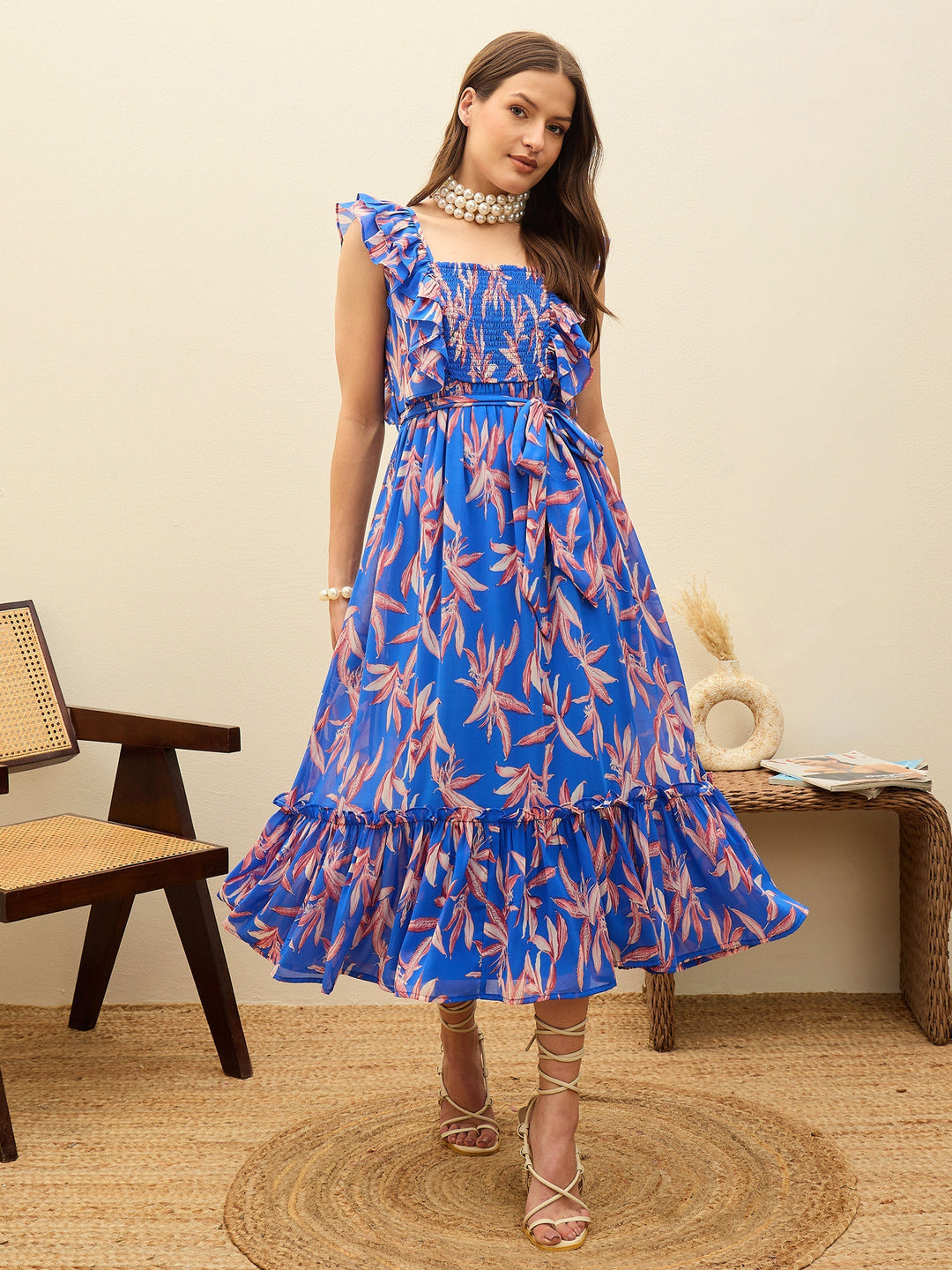 Women's Women Blue Floral Smocked Frill Midi Dress in Georgette by Sassafras for wholesale, bulk, supplier, manufacturer and wholesaler buyers from Trendphoria