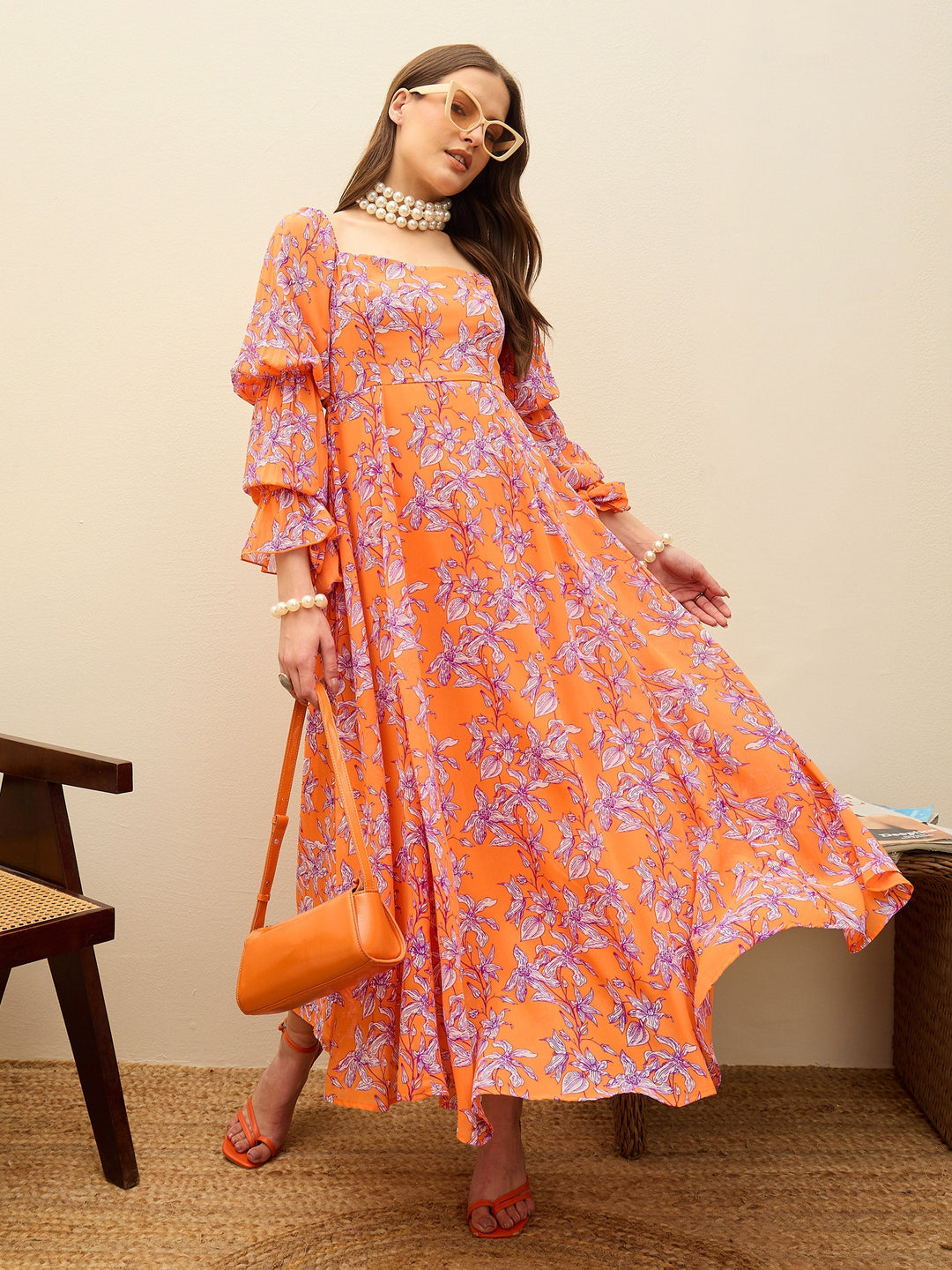 Women's Women Orange Floral Square Neck Maxi Dress in Georgette by Sassafras for wholesale, bulk, supplier, manufacturer and wholesaler buyers from Trendphoria