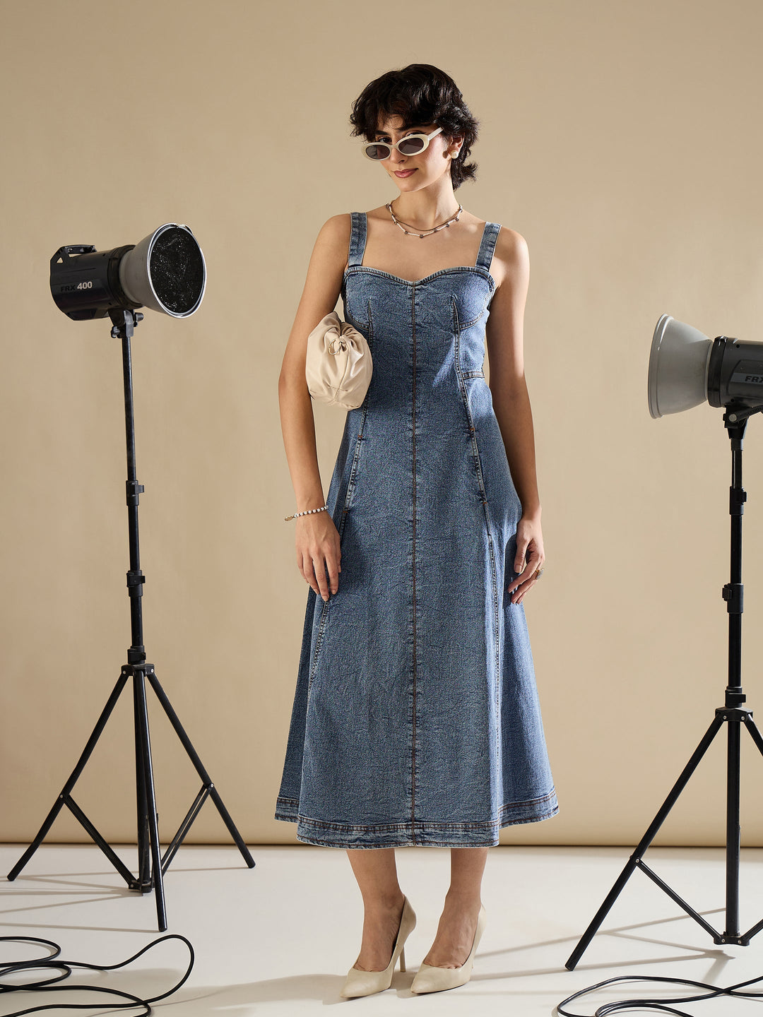 Women's Women Blue Wash Denim Strappy A-Line Midi Dress in Cotton by Sassafras for wholesale, bulk, supplier, manufacturer and wholesaler buyers from Trendphoria