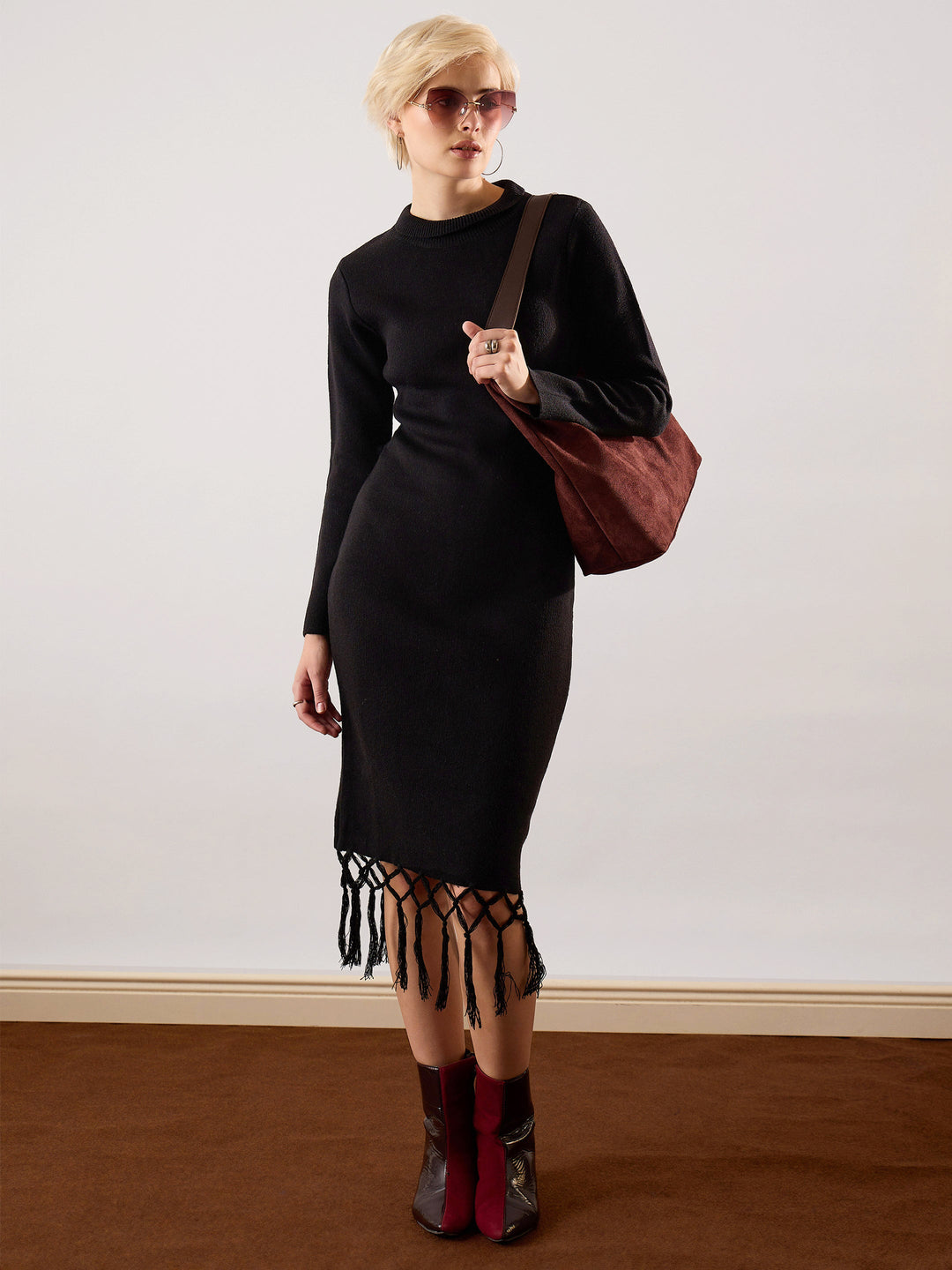 Women's Women Black Acrylic Wool Hem Frindge Detail Midi Dress in Wool by Sassafras for wholesale, bulk, supplier, manufacturer and wholesaler buyers from Trendphoria