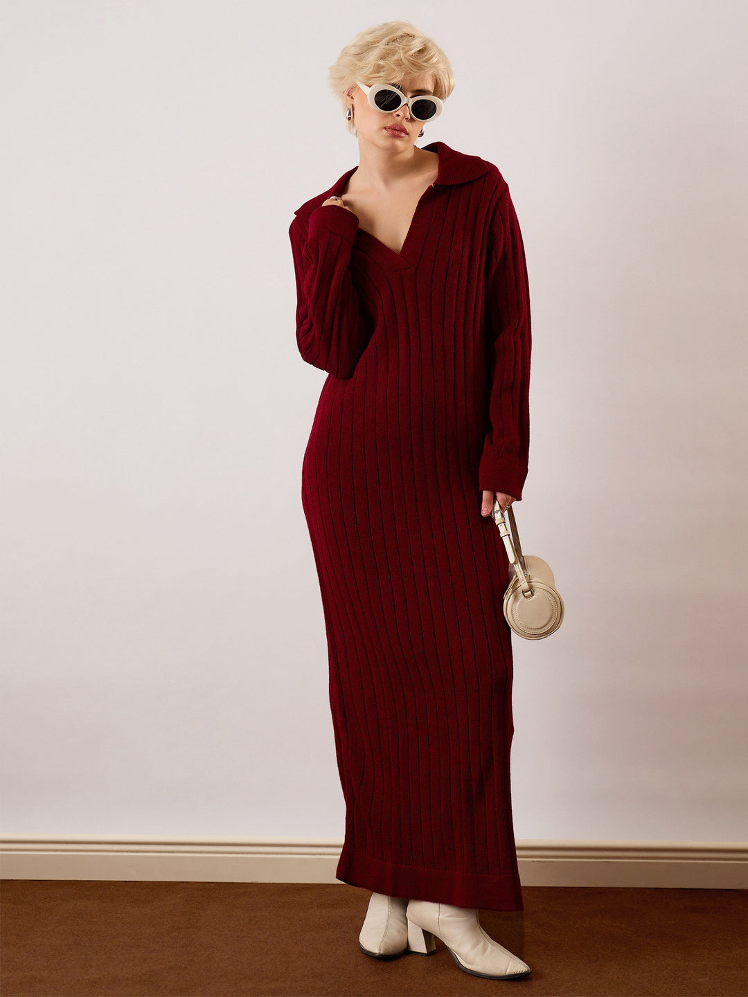 Women's Women Maroon Acrylic Wool Collar Midi Dress in Wool by Sassafras for wholesale, bulk, supplier, manufacturer and wholesaler buyers from Trendphoria