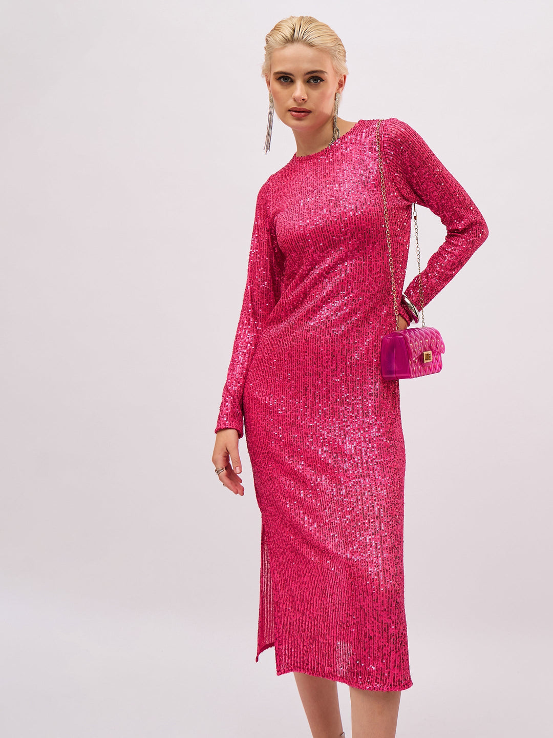Women's Women Fuchsia Sequin Round Neck Side Slit Midi Dress in Polyester by Sassafras for wholesale, bulk, supplier, manufacturer and wholesaler buyers from Trendphoria