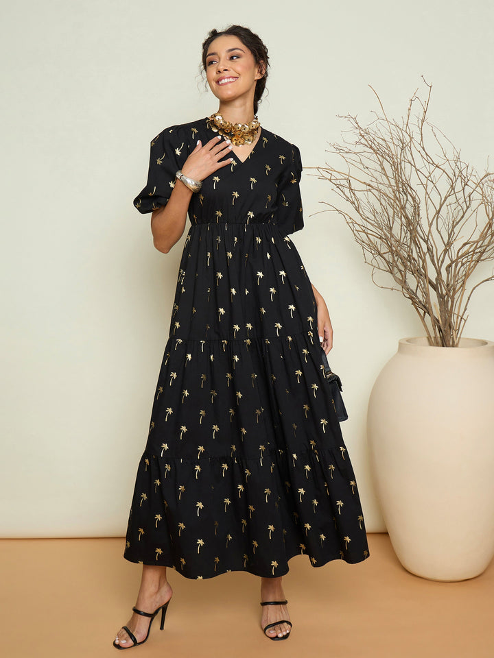 Women Foil Print Puff Sleeves Tiered Maxi Dress