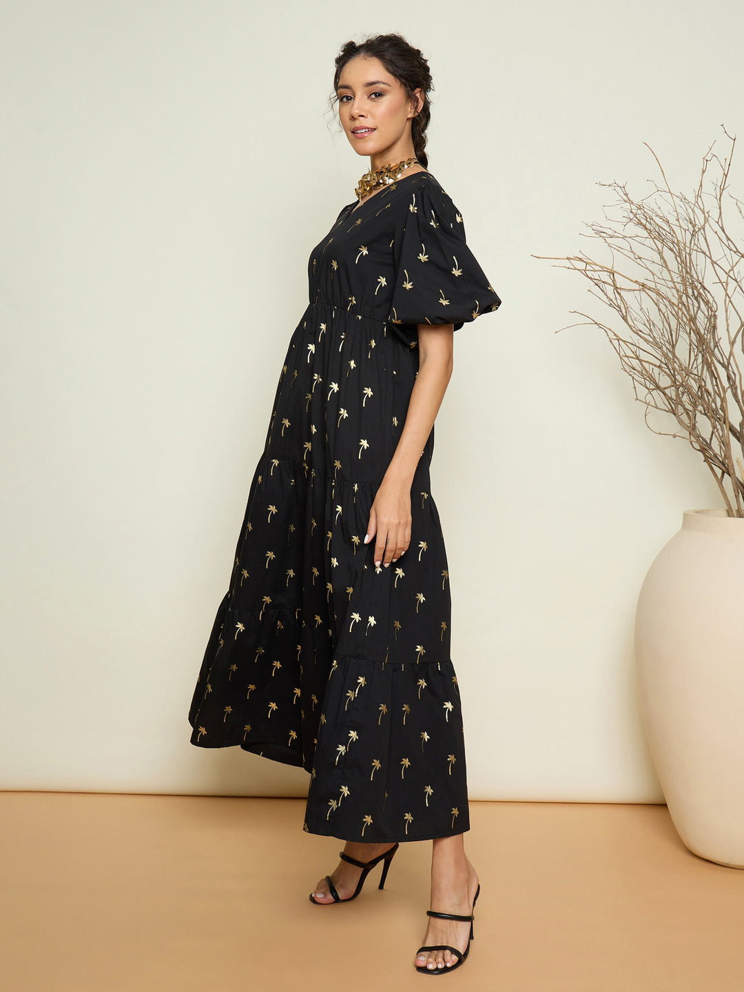 Women Foil Print Puff Sleeves Tiered Maxi Dress