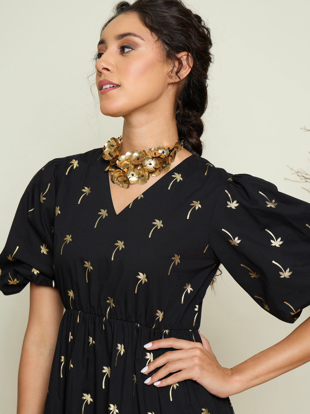 Women Foil Print Puff Sleeves Tiered Maxi Dress