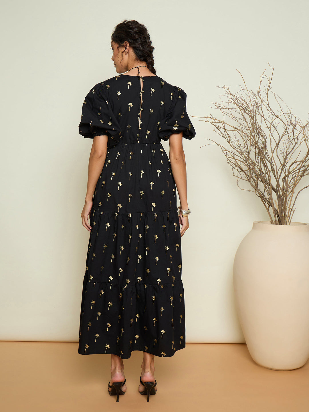 Women Foil Print Puff Sleeves Tiered Maxi Dress