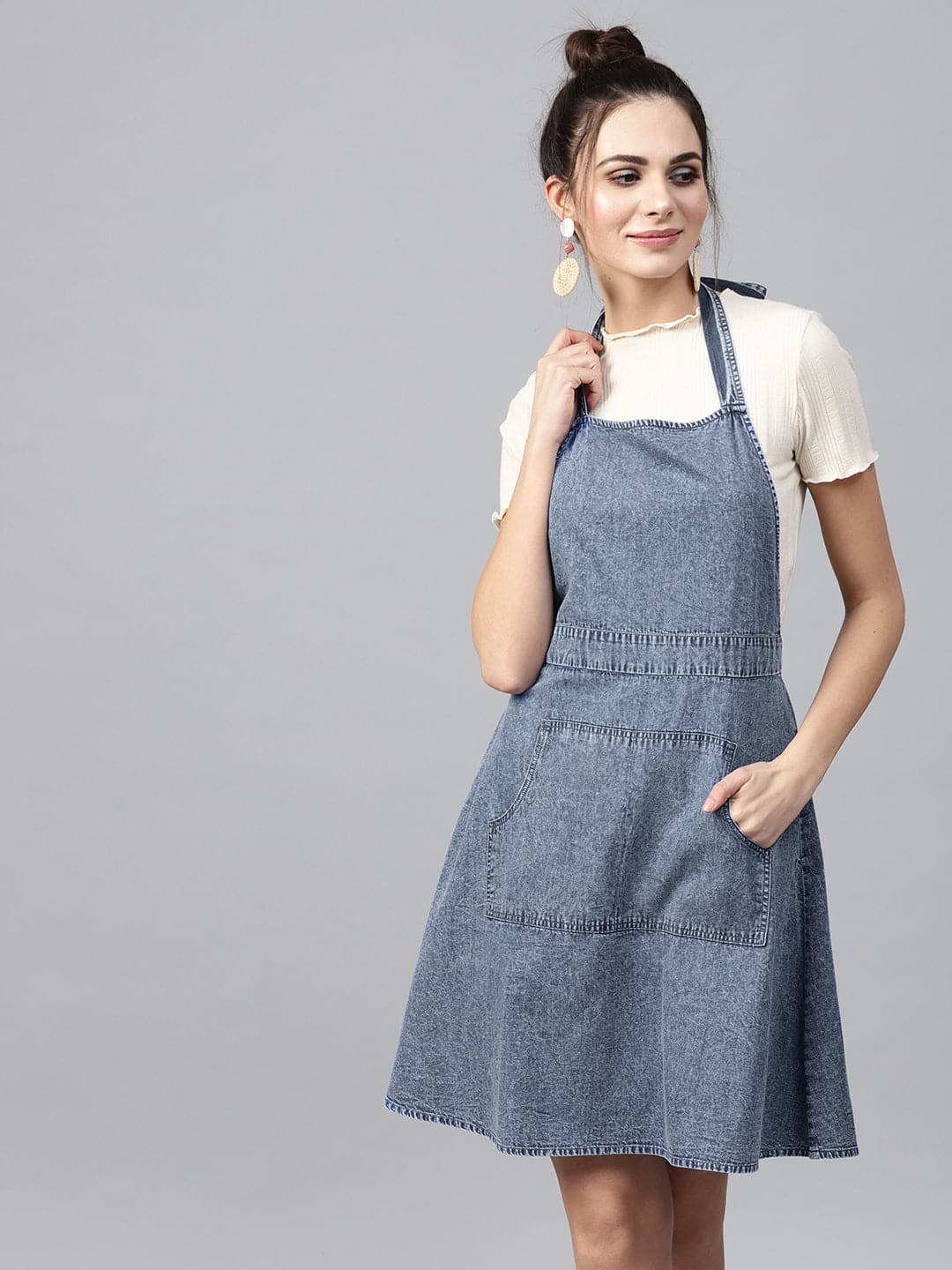 Women's Blue Denim Acid Wash Apron Dress in Cotton by Sassafras for wholesale, bulk, supplier, manufacturer and wholesaler buyers from Trendphoria