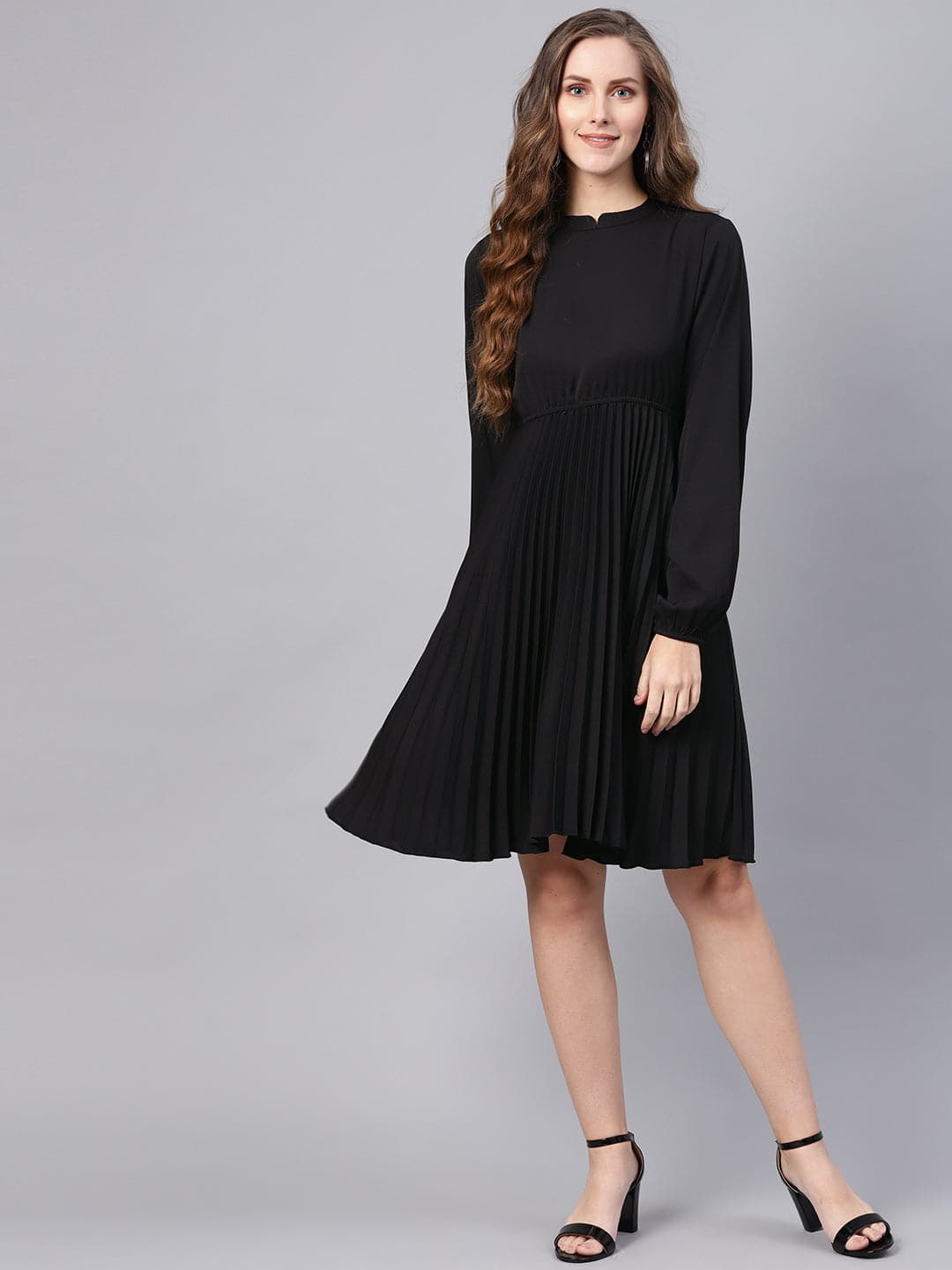 Women's Black Mandarin Collar Pleated Skater Dress in Crepe by Sassafras for wholesale, bulk, supplier, manufacturer and wholesaler buyers from Trendphoria