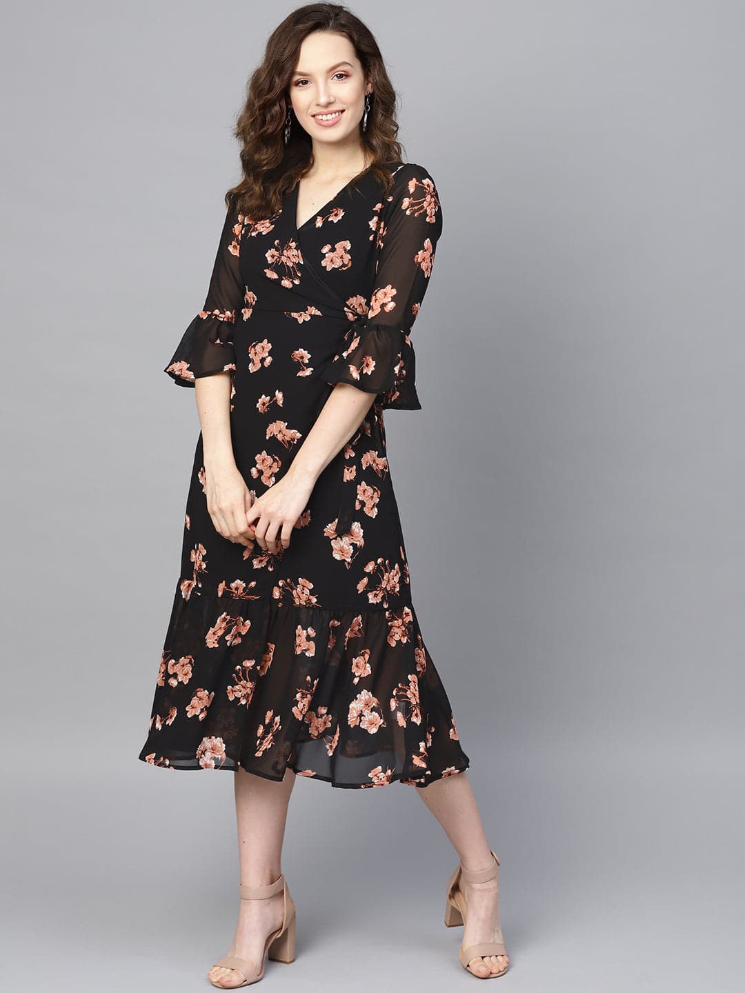 Women's Black Floral Wrap Tie Dress in Georgette by Sassafras for wholesale, bulk, supplier, manufacturer and wholesaler buyers from Trendphoria