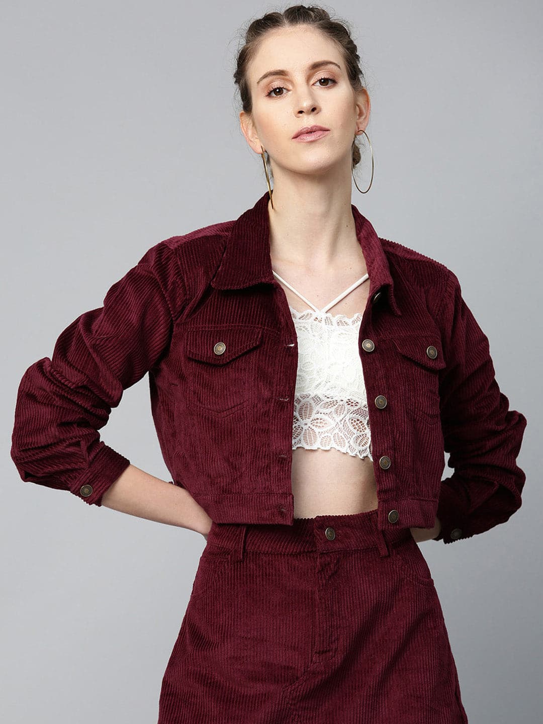 Women's Burgundy Corduroy Boxy Jacket in Cotton by Sassafras for wholesale, bulk, supplier, manufacturer and wholesaler buyers from Trendphoria