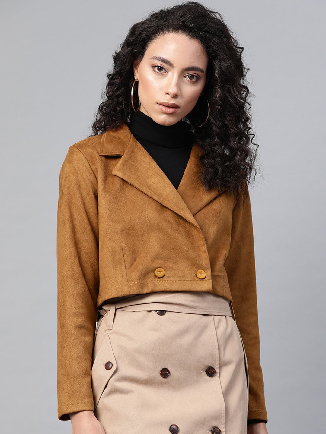 Women's Brown Suede Crop Blazer in Polyester by Sassafras for wholesale, bulk, supplier, manufacturer and wholesaler buyers from Trendphoria