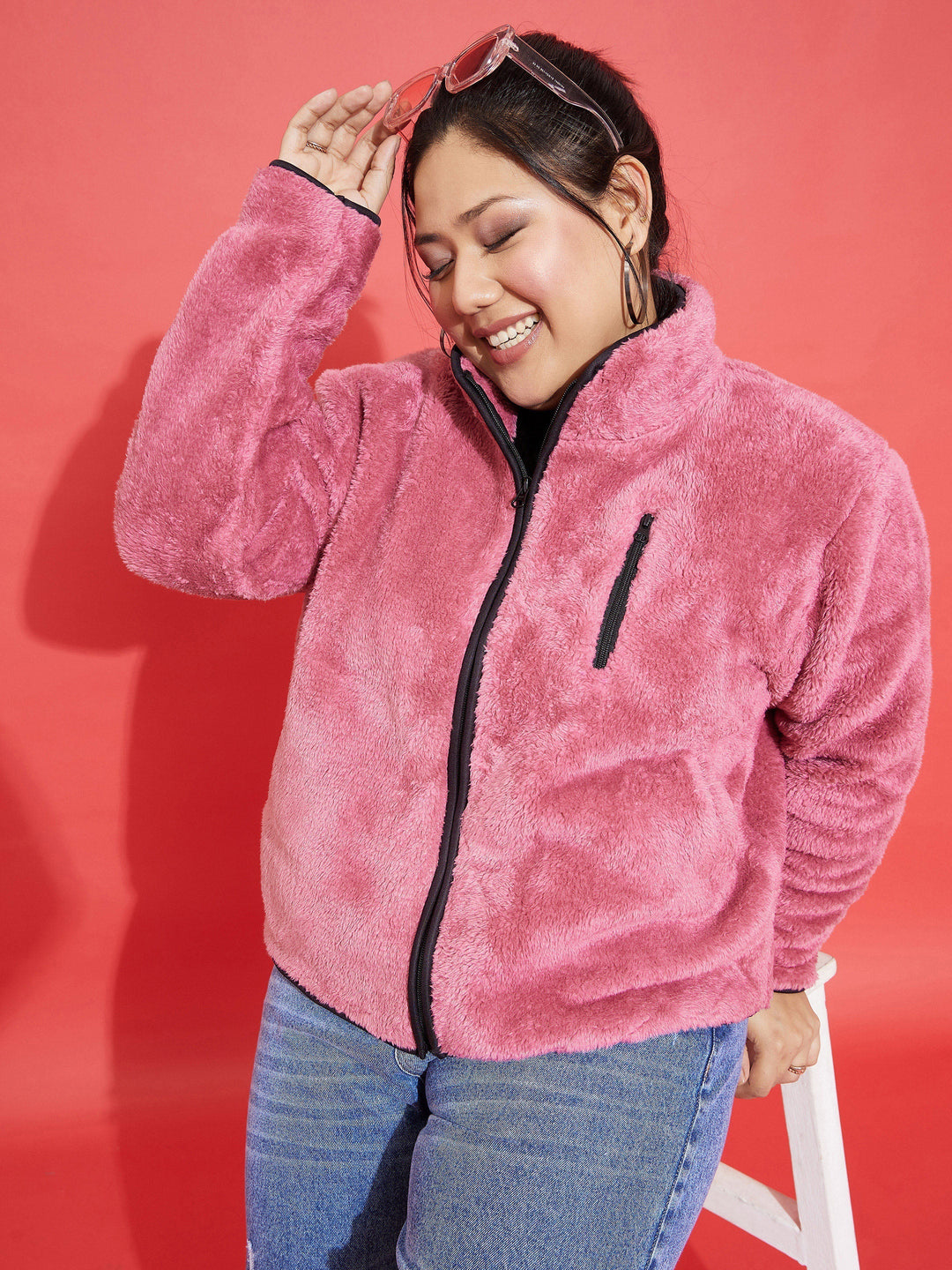 Plus size women's Pink Polyester Pink Fur Contrast Piping Zipper Jacket by Sassafras Curve for wholesale buyers, boutiques, resellers and bulk orders