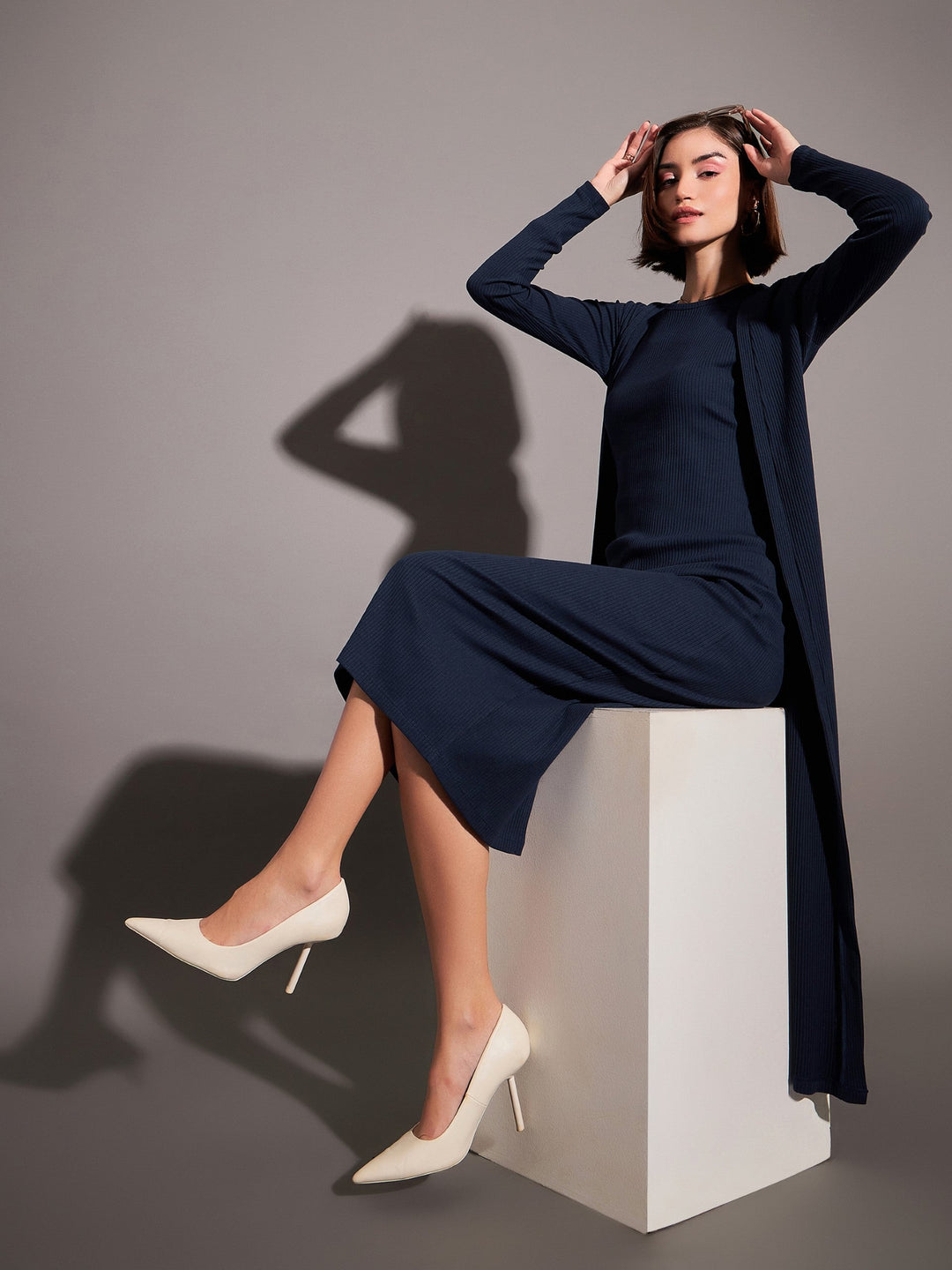 Women's Women Navy Solid Rib Front Open Shrug in Cotton by Sassafras for wholesale, bulk, supplier, manufacturer and wholesaler buyers from Trendphoria