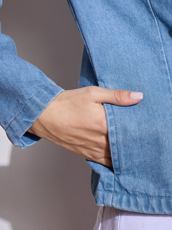 Women Denim Front Button Notch Collar Crop Blazer