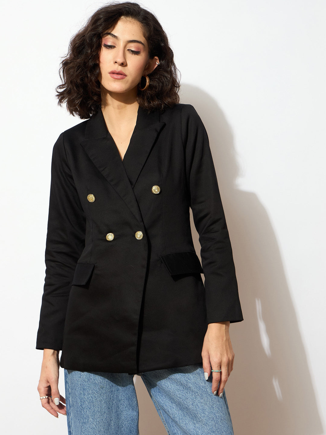 Women's Women Black Full Sleeves Double Breasted Blazer in Cotton by Sassafras for wholesale, bulk, supplier, manufacturer and wholesaler buyers from Trendphoria