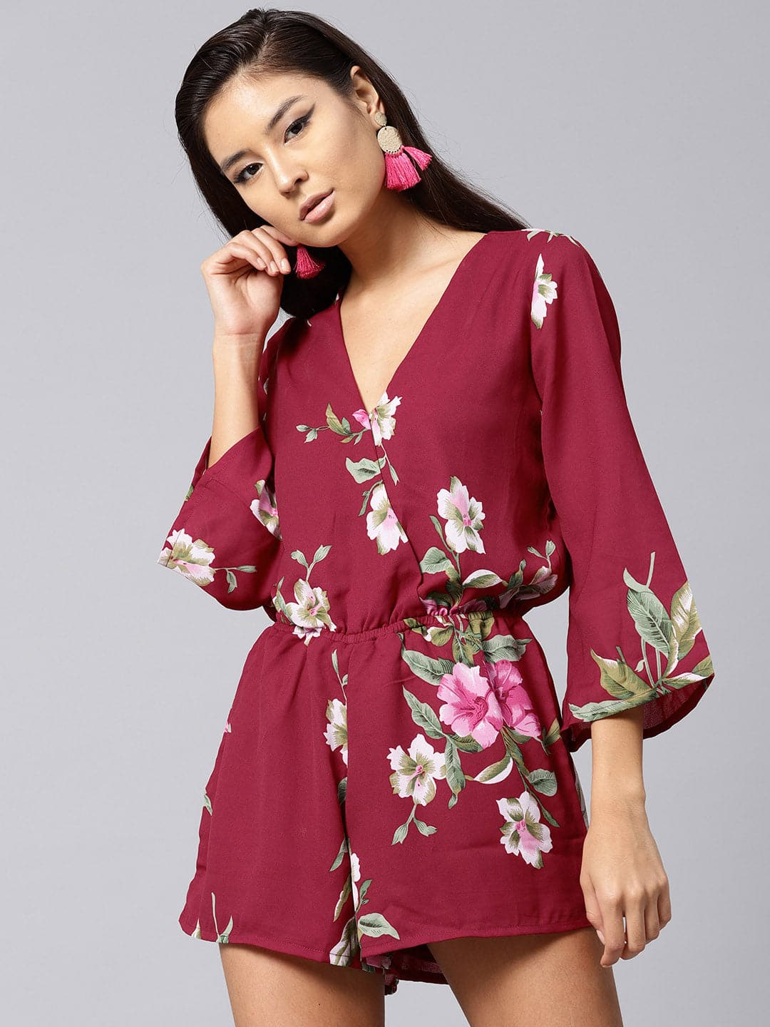 Women's Maroon Tropical Wrap Romper in Georgette by Sassafras for wholesale, bulk, supplier, manufacturer and wholesaler buyers from Trendphoria