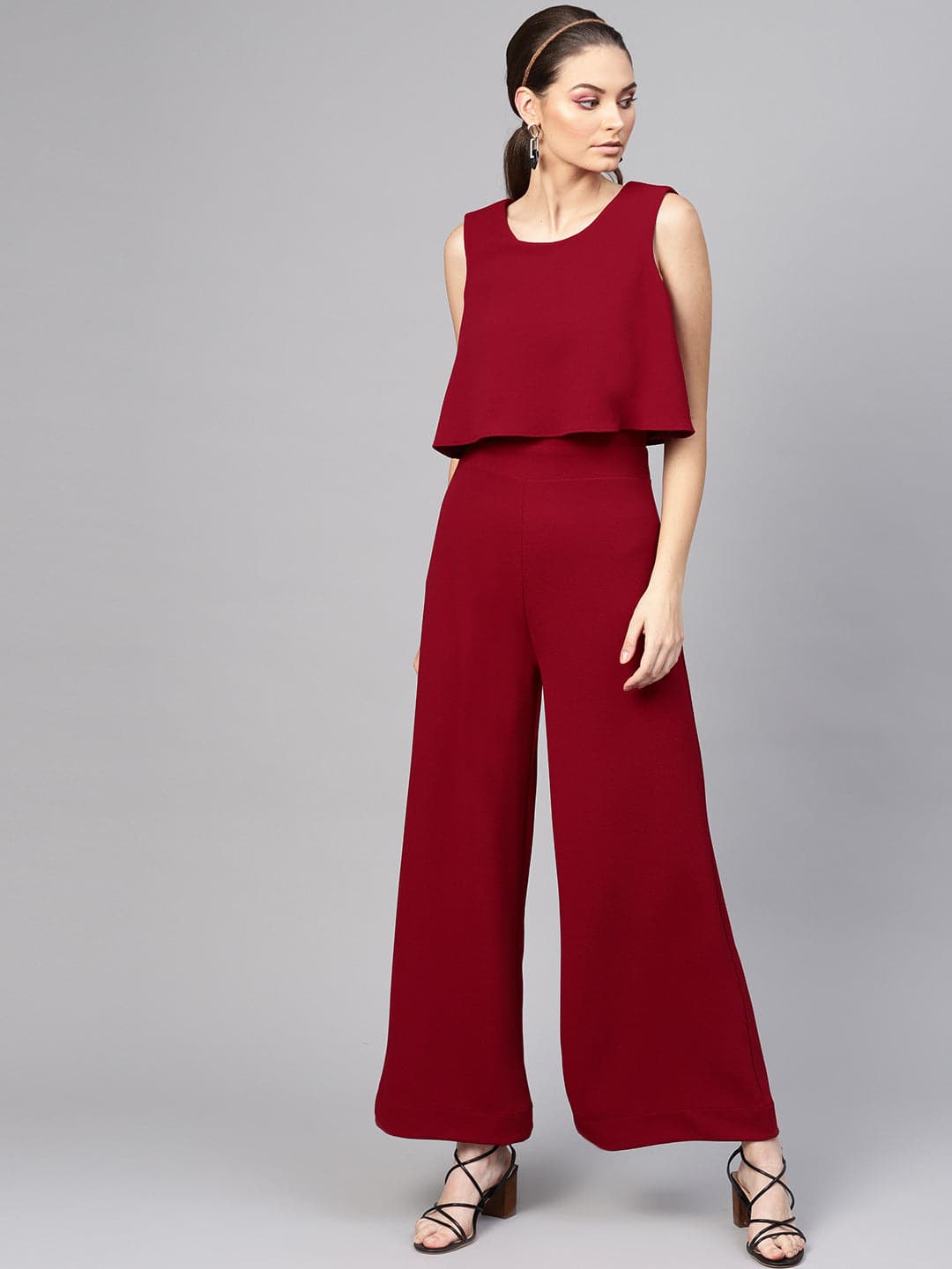 Women's Maroon Layered Jumpsuit in Polyester by Sassafras for wholesale, bulk, supplier, manufacturer and wholesaler buyers from Trendphoria