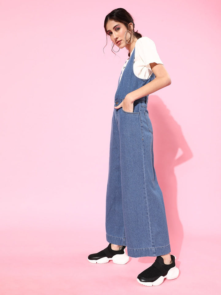 Deep V-Neck Denim Flared Leg Jumpsuit