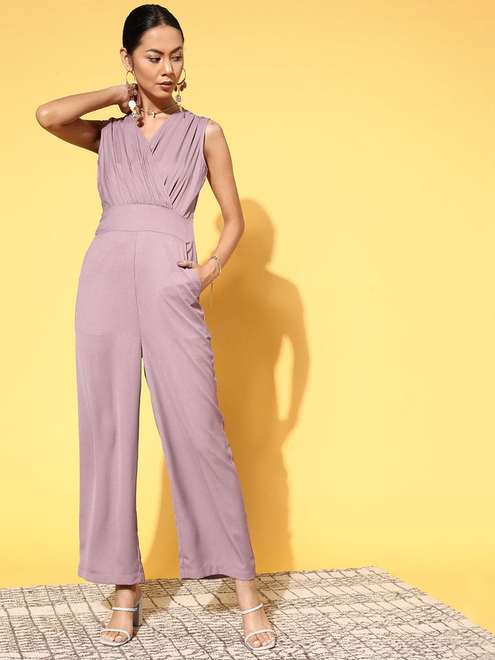 Women's Women Lavender Wrap Gathered Jumpsuit in Polyester by Sassafras for wholesale, bulk, supplier, manufacturer and wholesaler buyers from Trendphoria