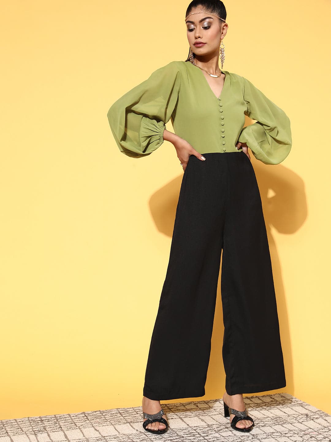 Women's Women Green & Black Volume Sleeve Jumpsuit in Polyester by Sassafras for wholesale, bulk, supplier, manufacturer and wholesaler buyers from Trendphoria
