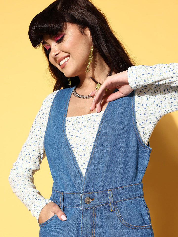 Women Denim V-Neck Shorts Dungaree