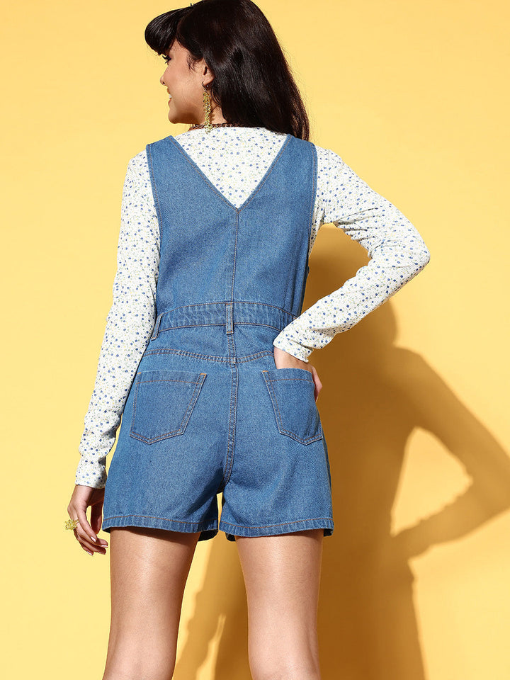 Women Denim V-Neck Shorts Dungaree