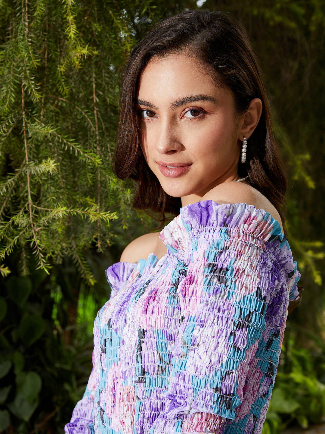 Women Floral Off Shoulder Smoked Playsuit