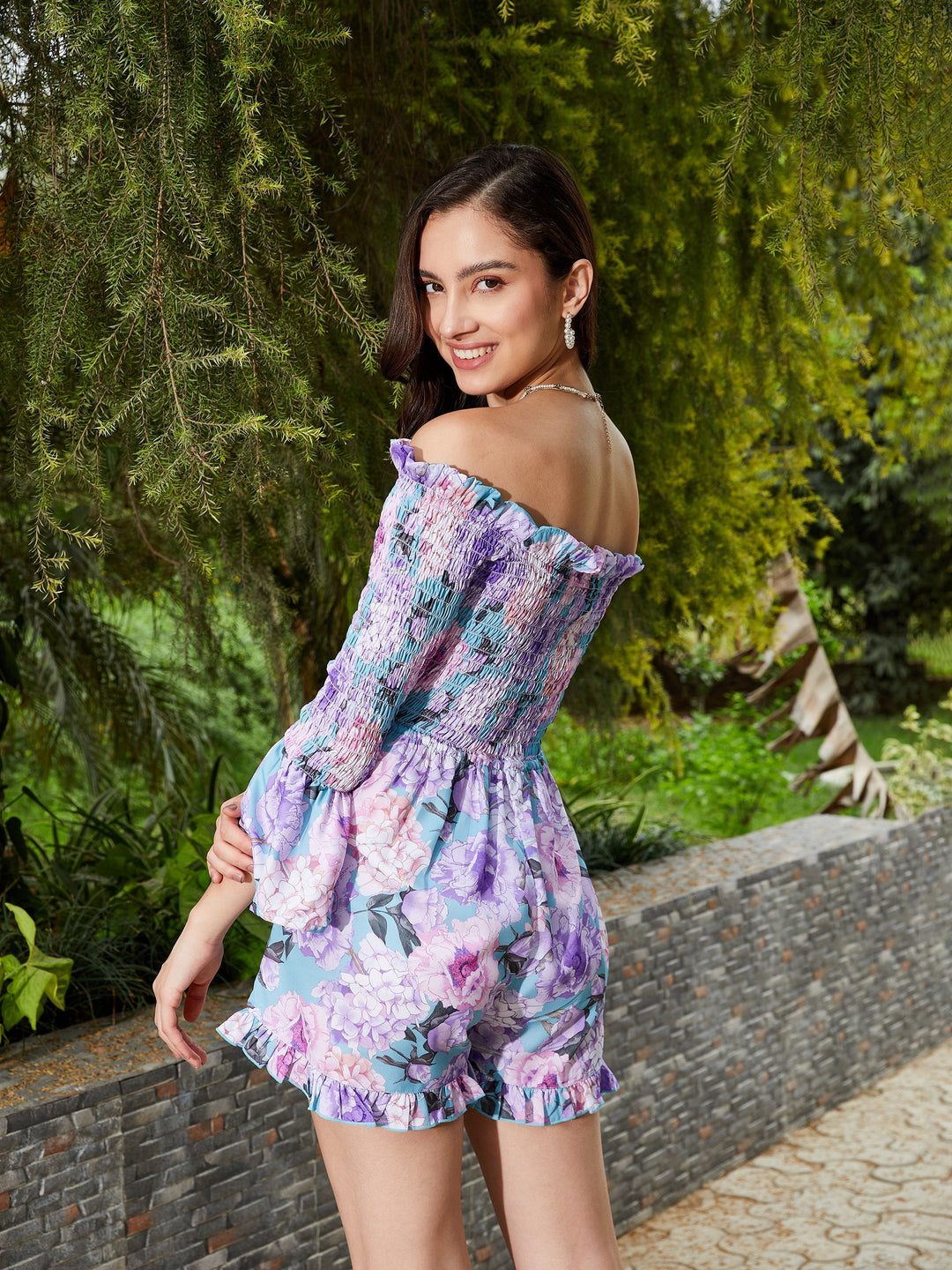 Women Floral Off Shoulder Smoked Playsuit