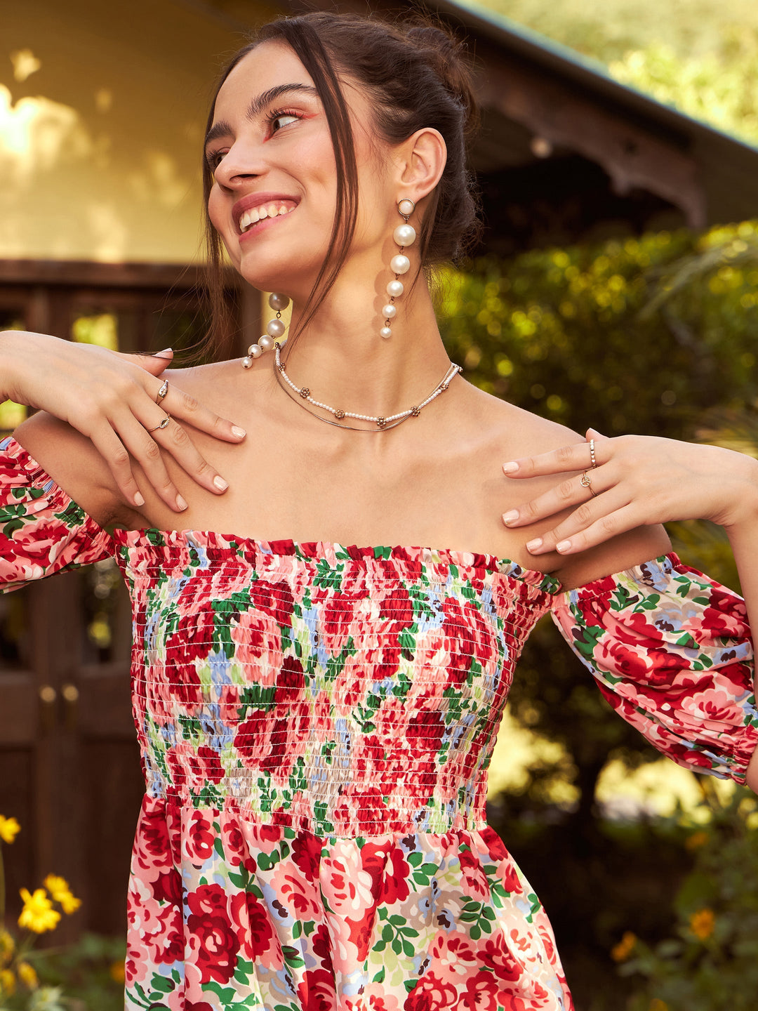 Women Floral Smoked Off Shoulder Playsuit