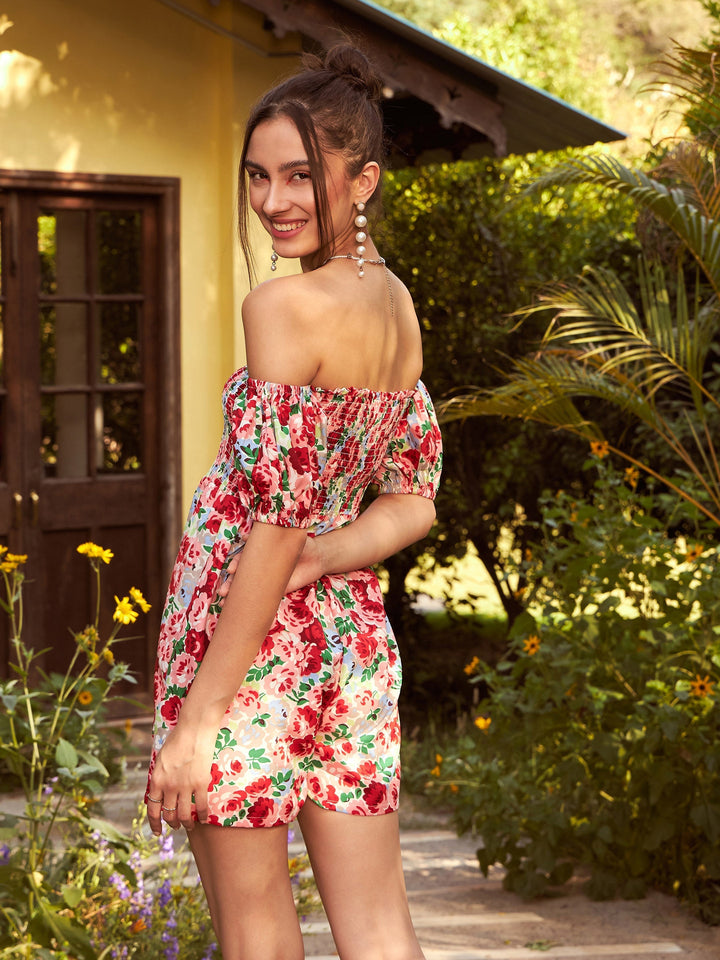 Women Floral Smoked Off Shoulder Playsuit