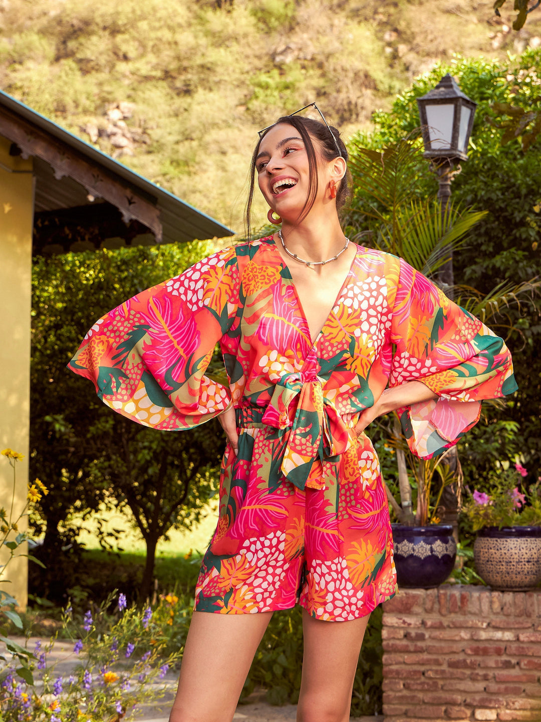 Women Floral Front Tie Knot Playsuit