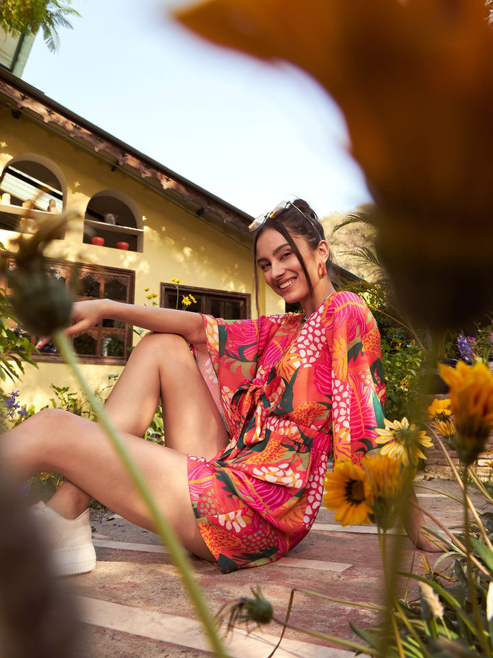 Women Floral Front Tie Knot Playsuit