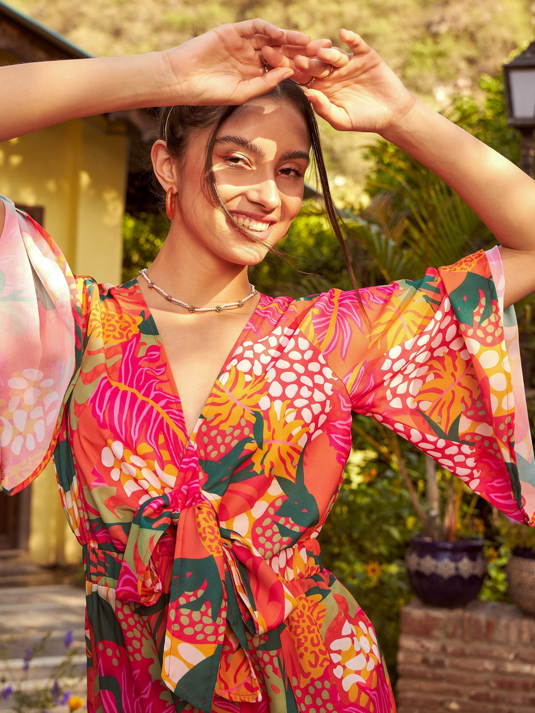 Women Floral Front Tie Knot Playsuit