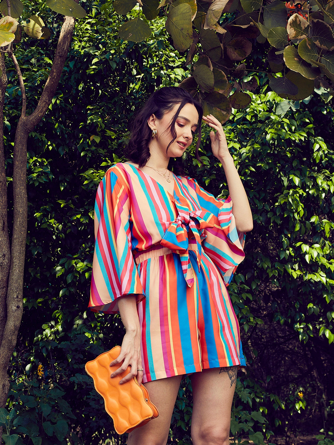 Women's Women Multi Stripe Front Tie Knot Playsuit in Georgette by Sassafras for wholesale, bulk, supplier, manufacturer and wholesaler buyers from Trendphoria