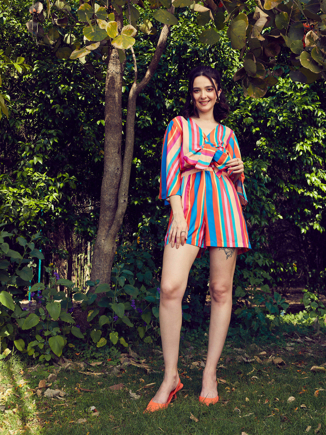 Women Stripe Front Tie Knot Playsuit