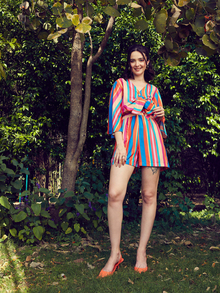 Women Stripe Front Tie Knot Playsuit