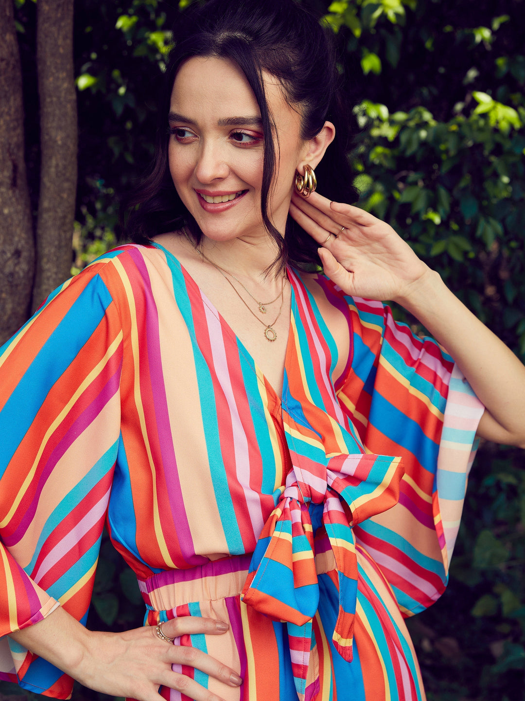 Women Stripe Front Tie Knot Playsuit