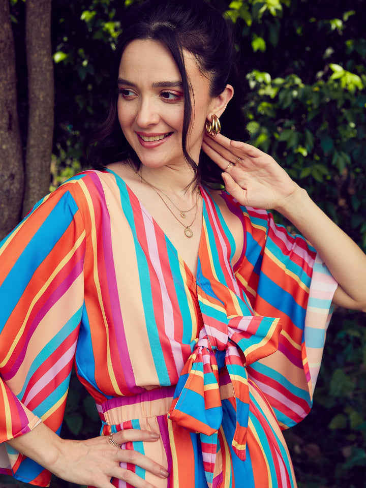 Women Stripe Front Tie Knot Playsuit